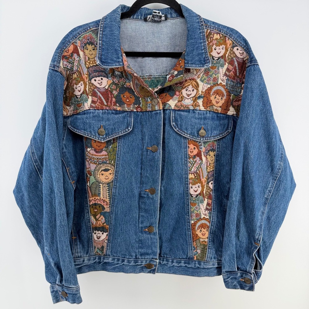 Vintage 90s NADIA Denim Jacket M Children of the World Tapestry USA Teacher MINT